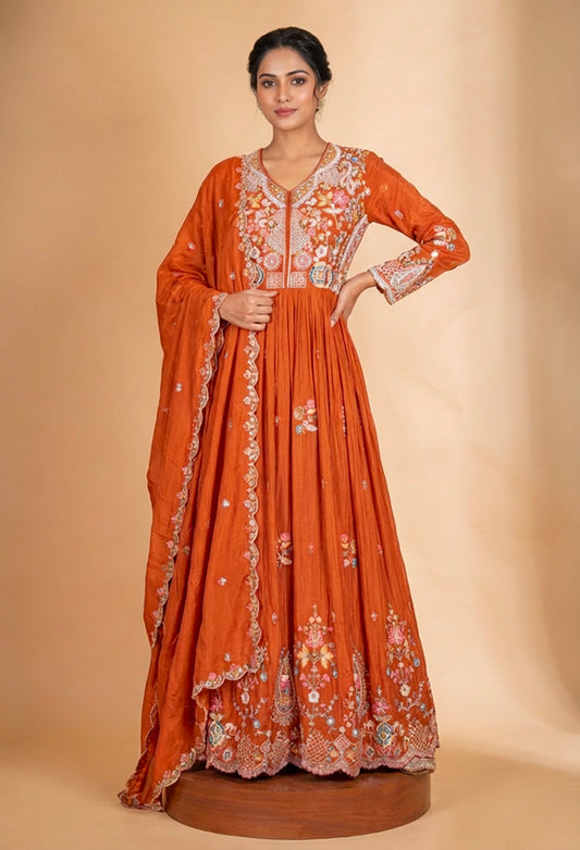 Rust Orange Embroidered Anarkali Suit Set with Dupatta for Women
