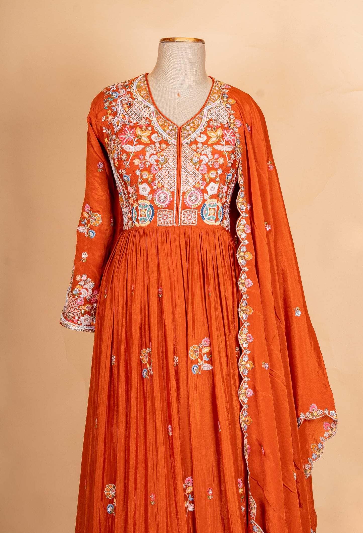Rust Orange Embroidered Anarkali Suit Set with Dupatta for Women
