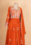 Rust Orange Embroidered Anarkali Suit Set with Dupatta for Women