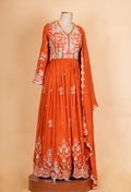 Rust Orange Embroidered Anarkali Suit Set with Dupatta for Women