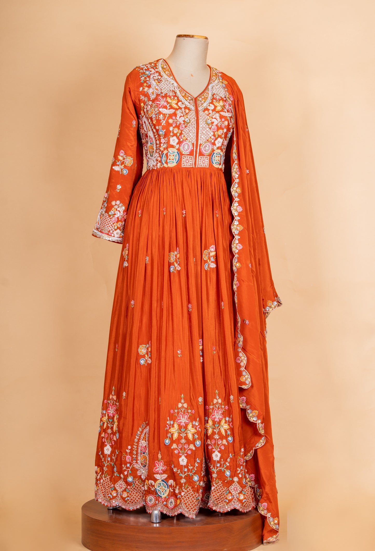 Rust Orange Embroidered Anarkali Suit Set with Dupatta for Women