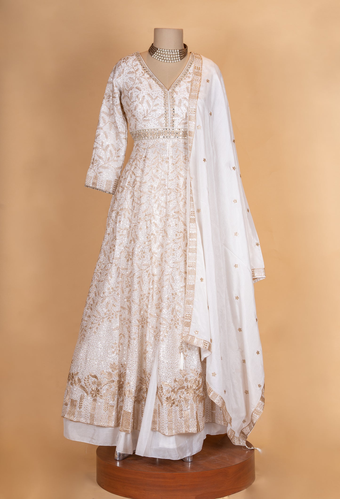 Ivory & Gold Embroidered Anarkali Suit Set with Dupatta for Women