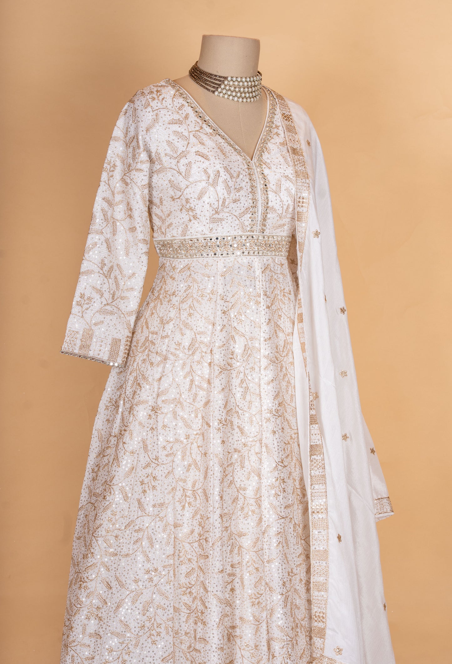 Ivory & Gold Embroidered Anarkali Suit Set with Dupatta for Women