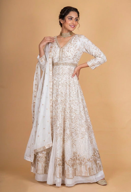 Ivory & Gold Embroidered Anarkali Suit Set with Dupatta for Women