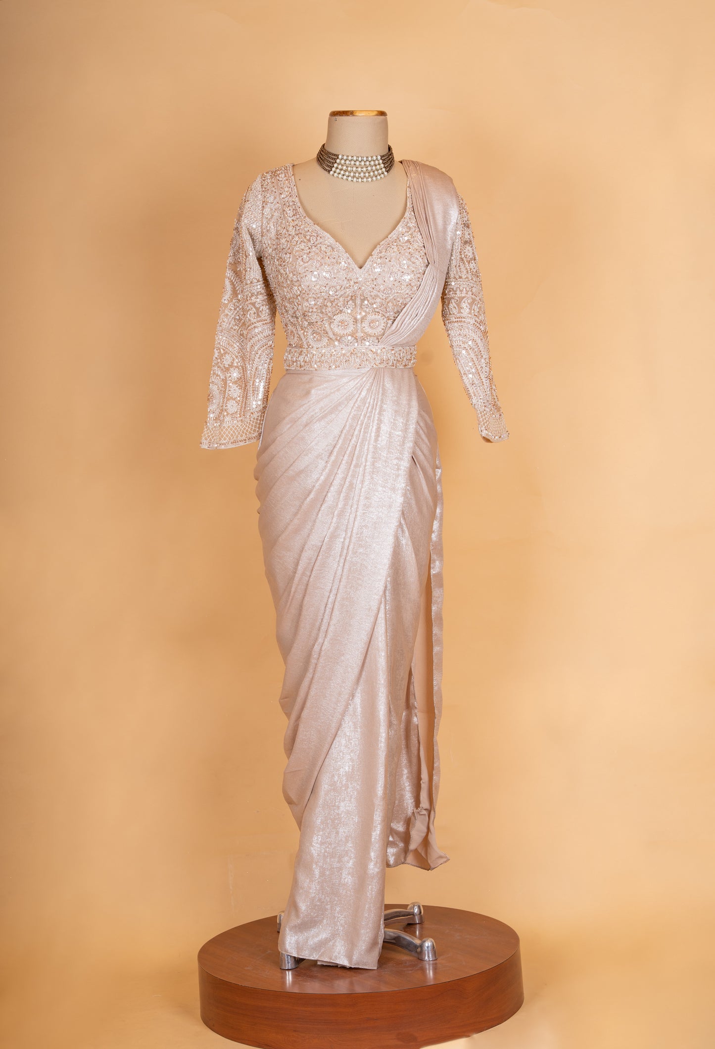 Elegant Champagne Gold Pre-Draped Saree with Embroidered Full Sleeve Blouse for Women