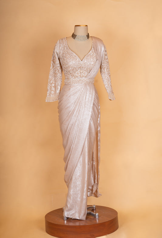 Elegant Champagne Gold Pre-Draped Saree with Embroidered Full Sleeve Blouse for Women