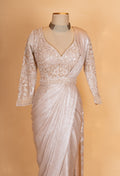 Elegant Champagne Gold Pre-Draped Saree with Embroidered Full Sleeve Blouse for Women
