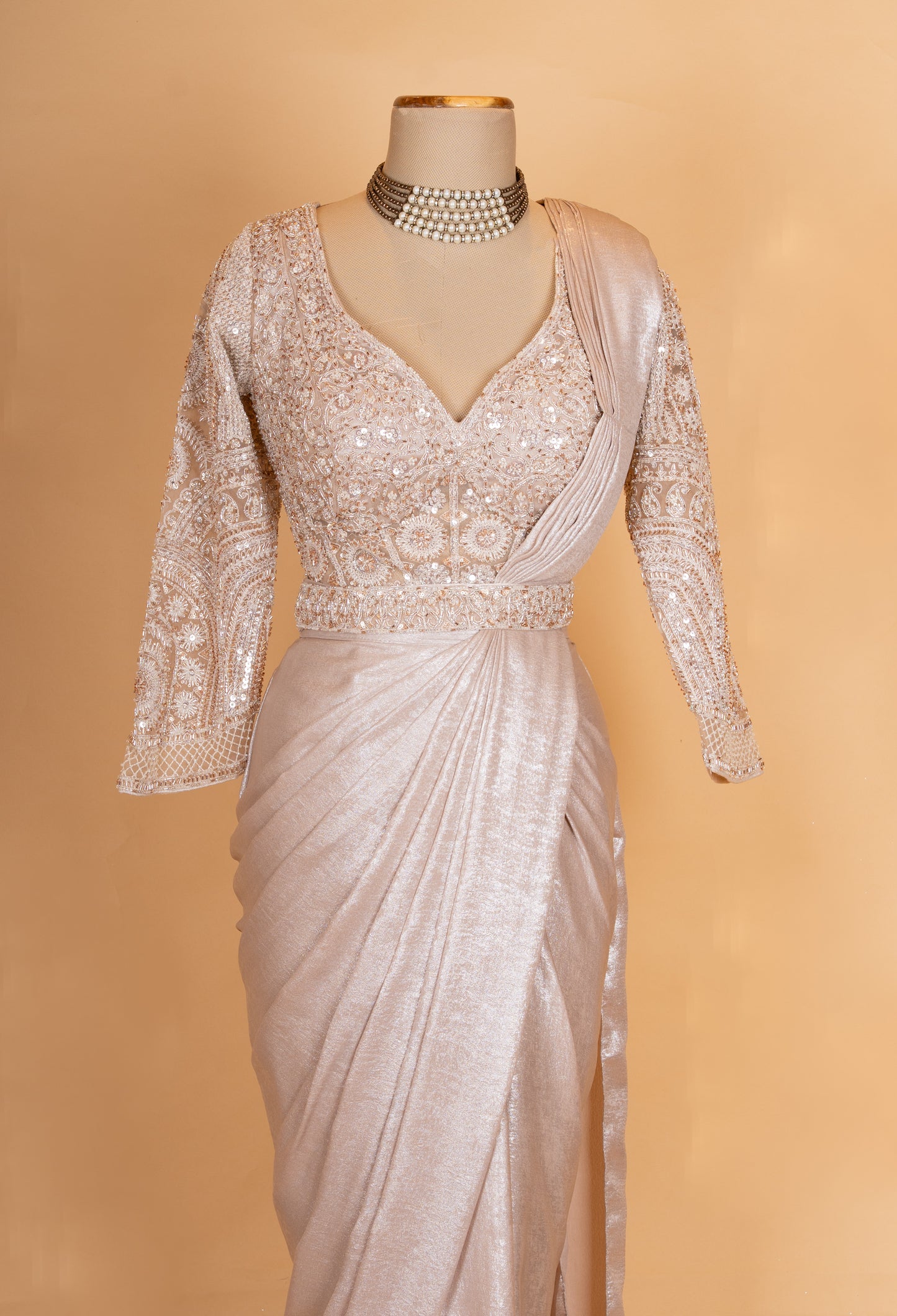 Elegant Champagne Gold Pre-Draped Saree with Embroidered Full Sleeve Blouse for Women