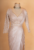 Elegant Champagne Gold Pre-Draped Saree with Embroidered Full Sleeve Blouse for Women