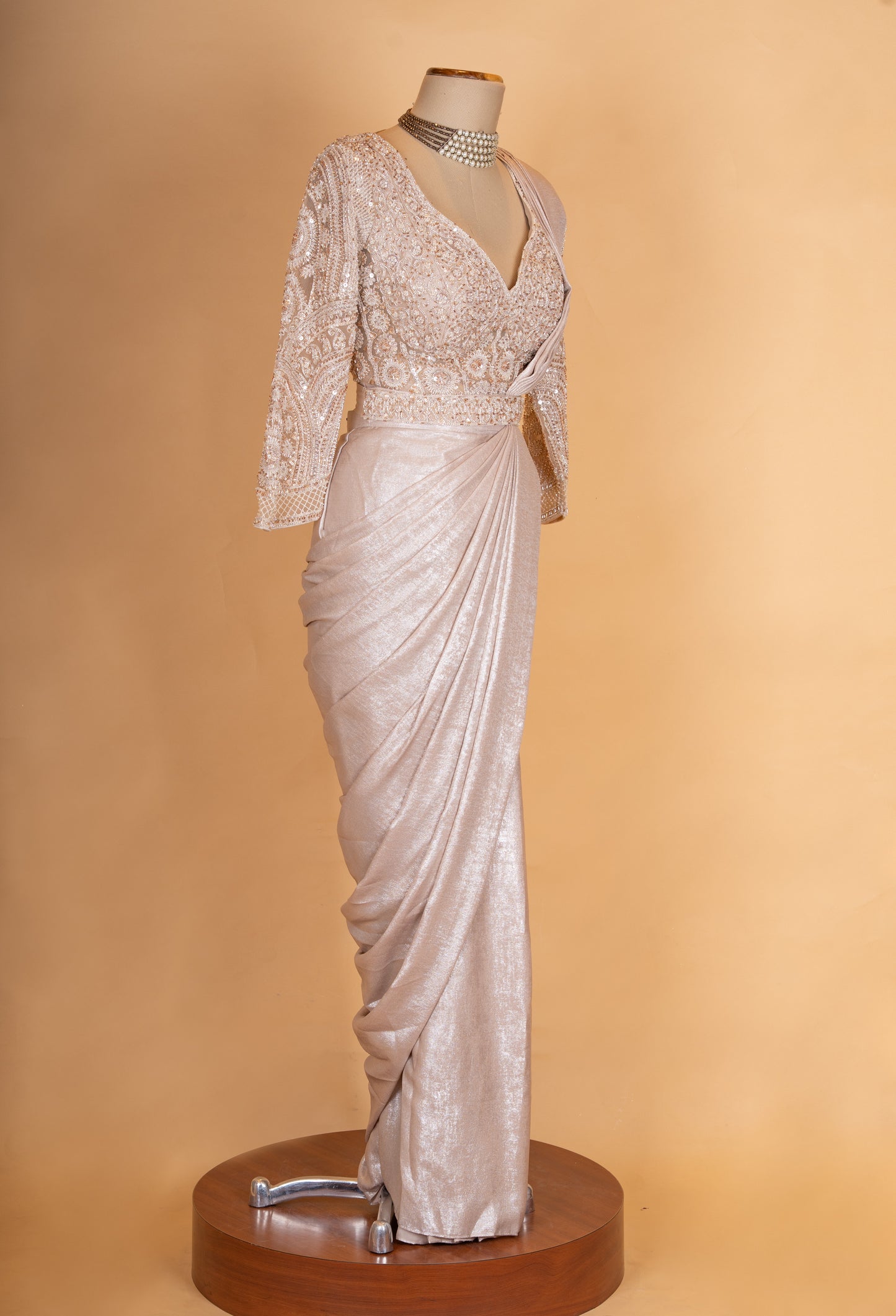 Elegant Champagne Gold Pre-Draped Saree with Embroidered Full Sleeve Blouse for Women