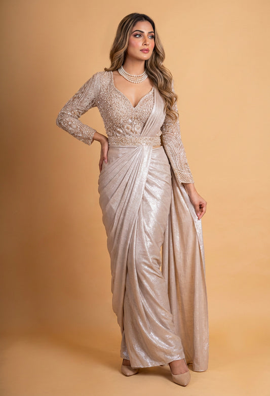 Elegant Champagne Gold Pre-Draped Saree with Embroidered Full Sleeve Blouse for Women