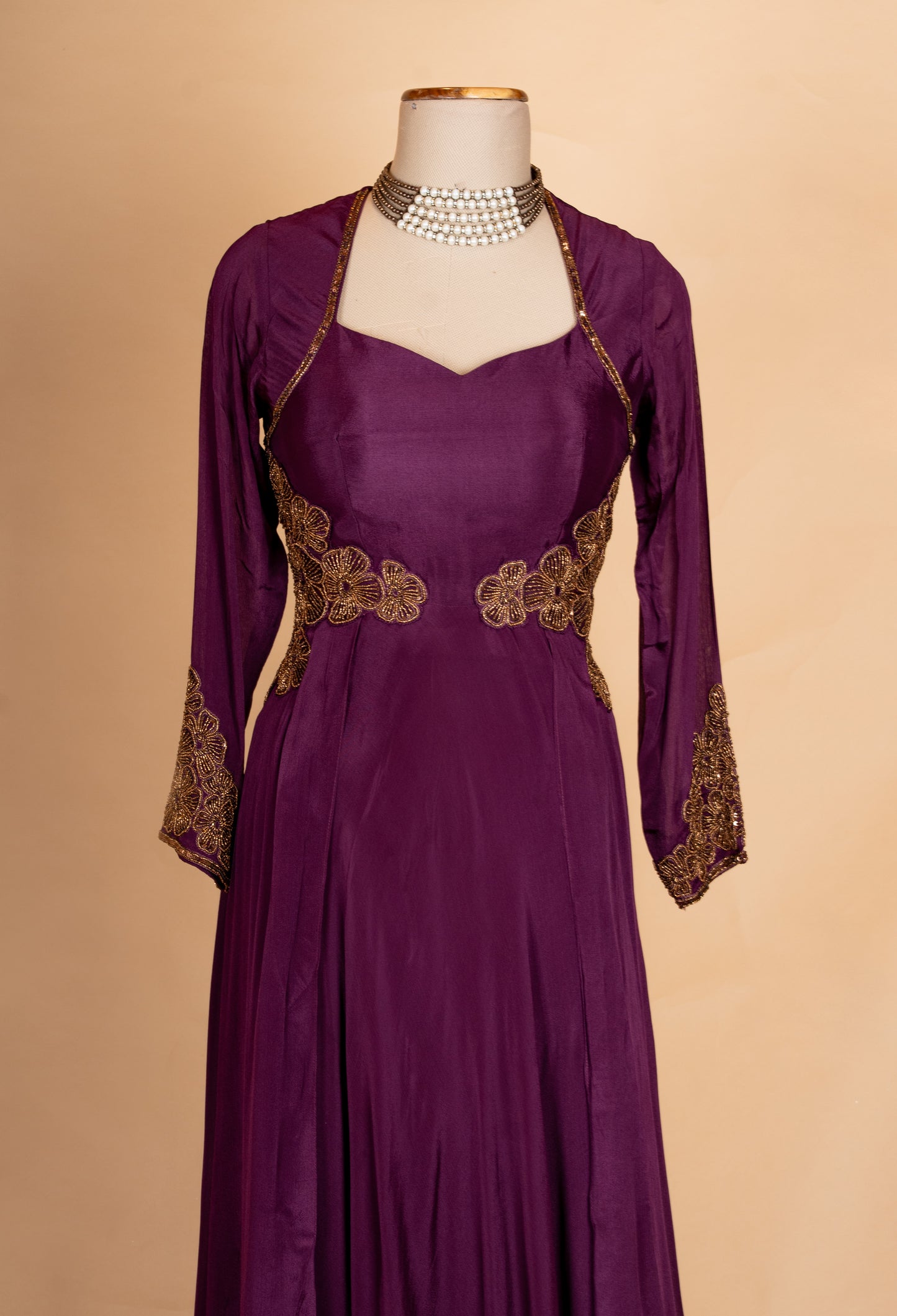 Elegant Wine Purple Anarkali Gown with Gold Embroidery | Designer Floor-Length Ethnic Dress