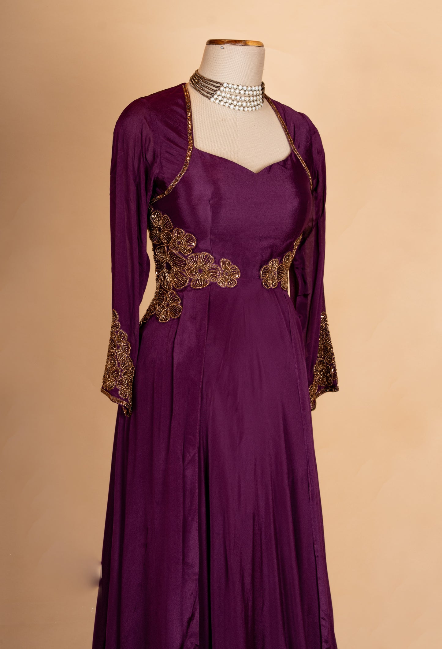 Elegant Wine Purple Anarkali Gown with Gold Embroidery | Designer Floor-Length Ethnic Dress
