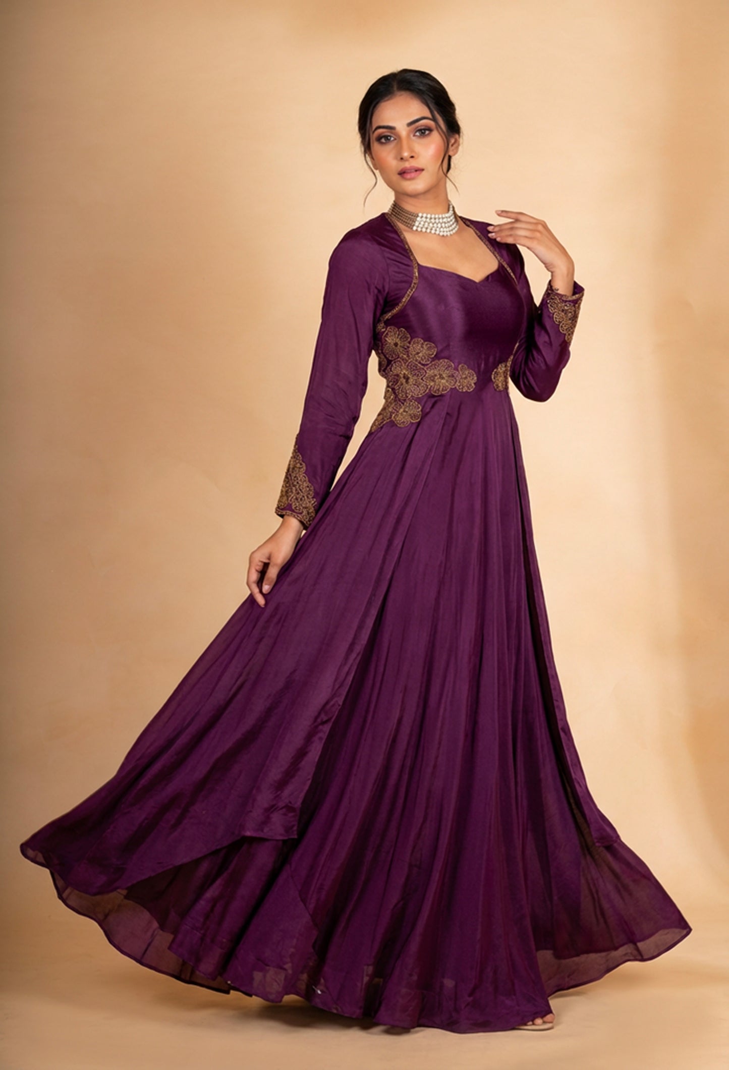 Elegant Wine Purple Anarkali Gown with Gold Embroidery | Designer Floor-Length Ethnic Dress