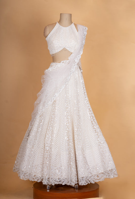 Elegant Ivory White Embroidered Lehenga Choli Set with Sheer Dupatta for Women - view 2