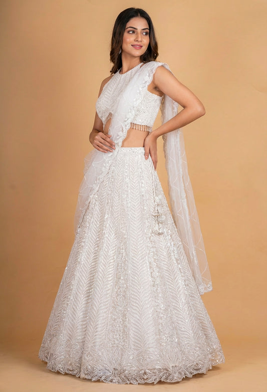 Elegant Ivory White Embroidered Lehenga Choli Set with Sheer Dupatta for Women