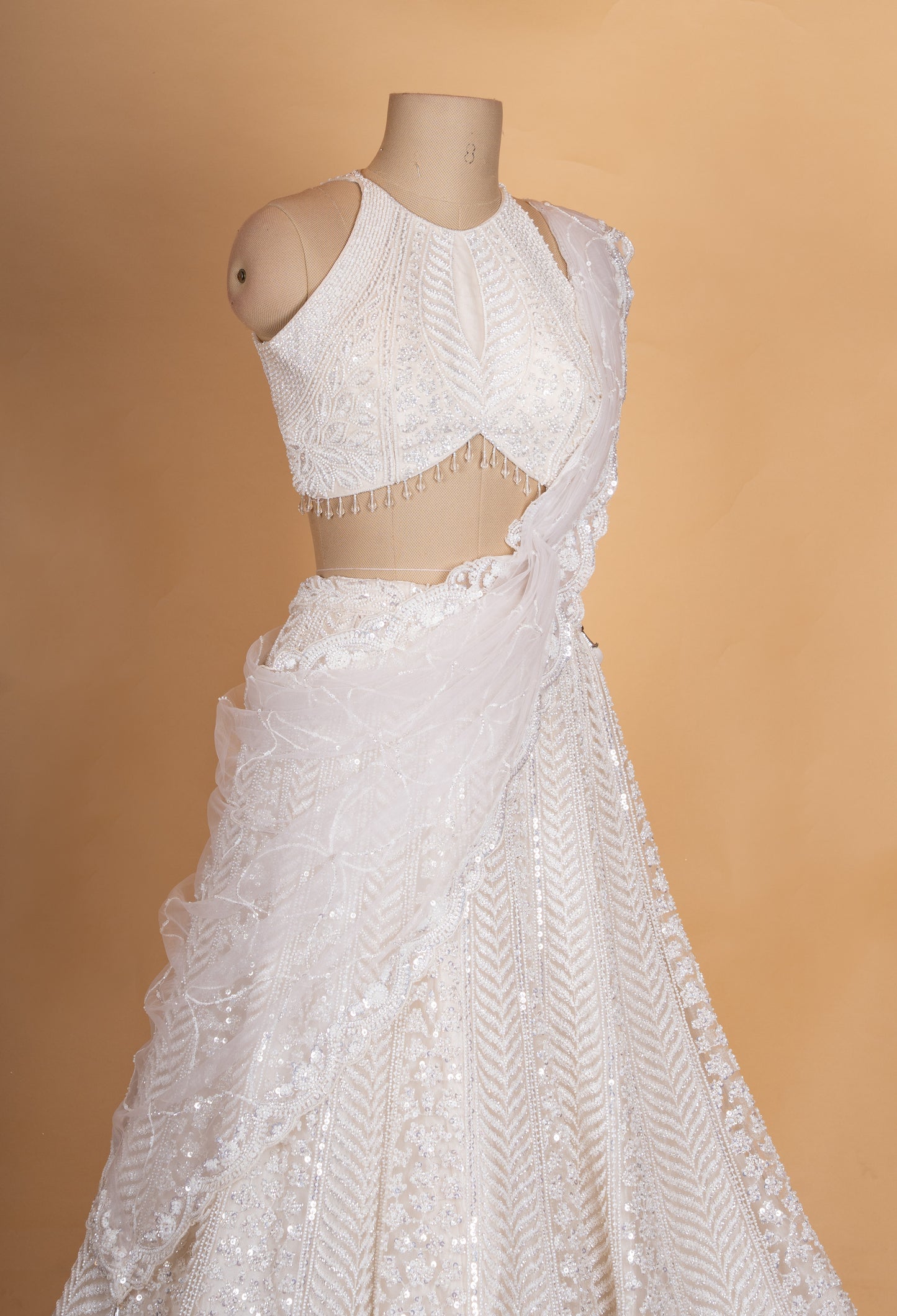 Elegant Ivory White Embroidered Lehenga Choli Set with Sheer Dupatta for Women