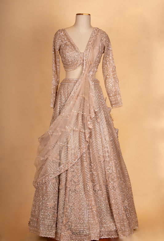 Champagne beige embroidered lehenga with sequin dupatta – product image 2