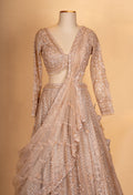 Luxury Champagne Beige Embroidered Lehenga with Sheer Sequin Dupatta | Designer Wedding Wear