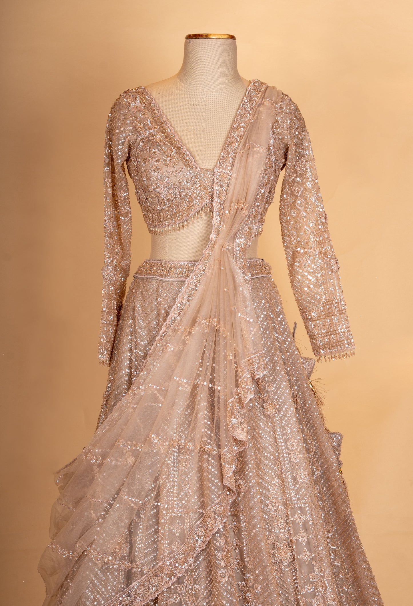 Luxury Champagne Beige Embroidered Lehenga with Sheer Sequin Dupatta | Designer Wedding Wear