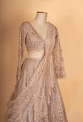 Luxury Champagne Beige Embroidered Lehenga with Sheer Sequin Dupatta | Designer Wedding Wear