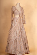 Luxury Champagne Beige Embroidered Lehenga with Sheer Sequin Dupatta | Designer Wedding Wear
