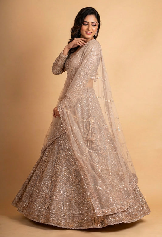 Luxury Champagne Beige Embroidered Lehenga with Sheer Sequin Dupatta | Designer Wedding Wear
