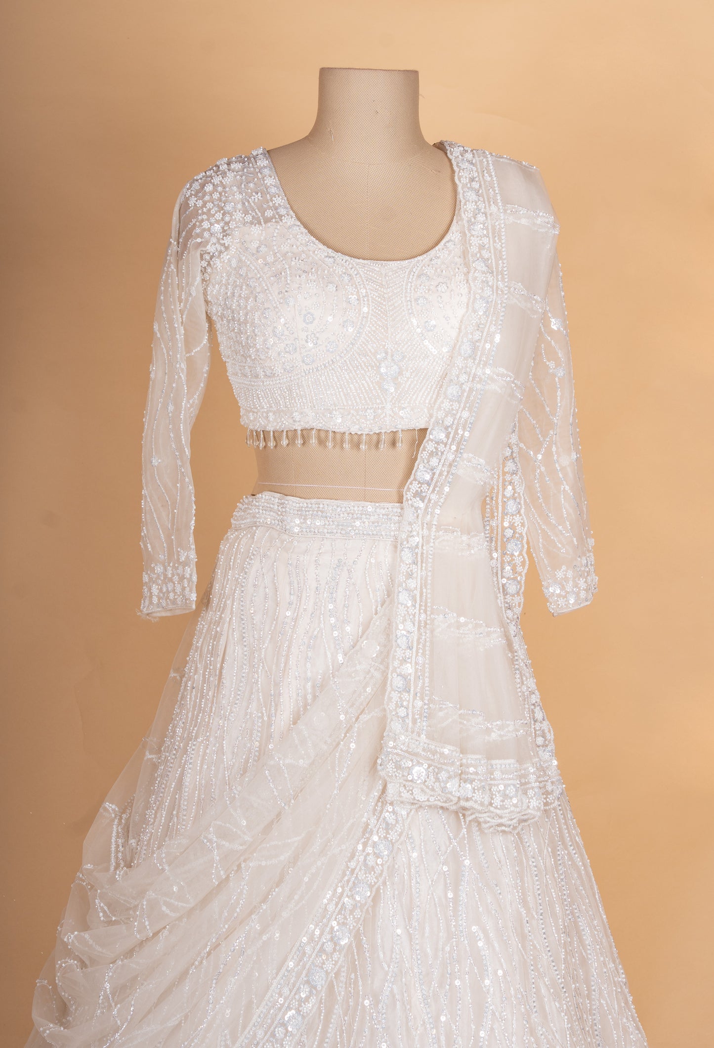 Ivory White Sequin Embroidered Lehenga Choli Set with Net Dupatta for Women