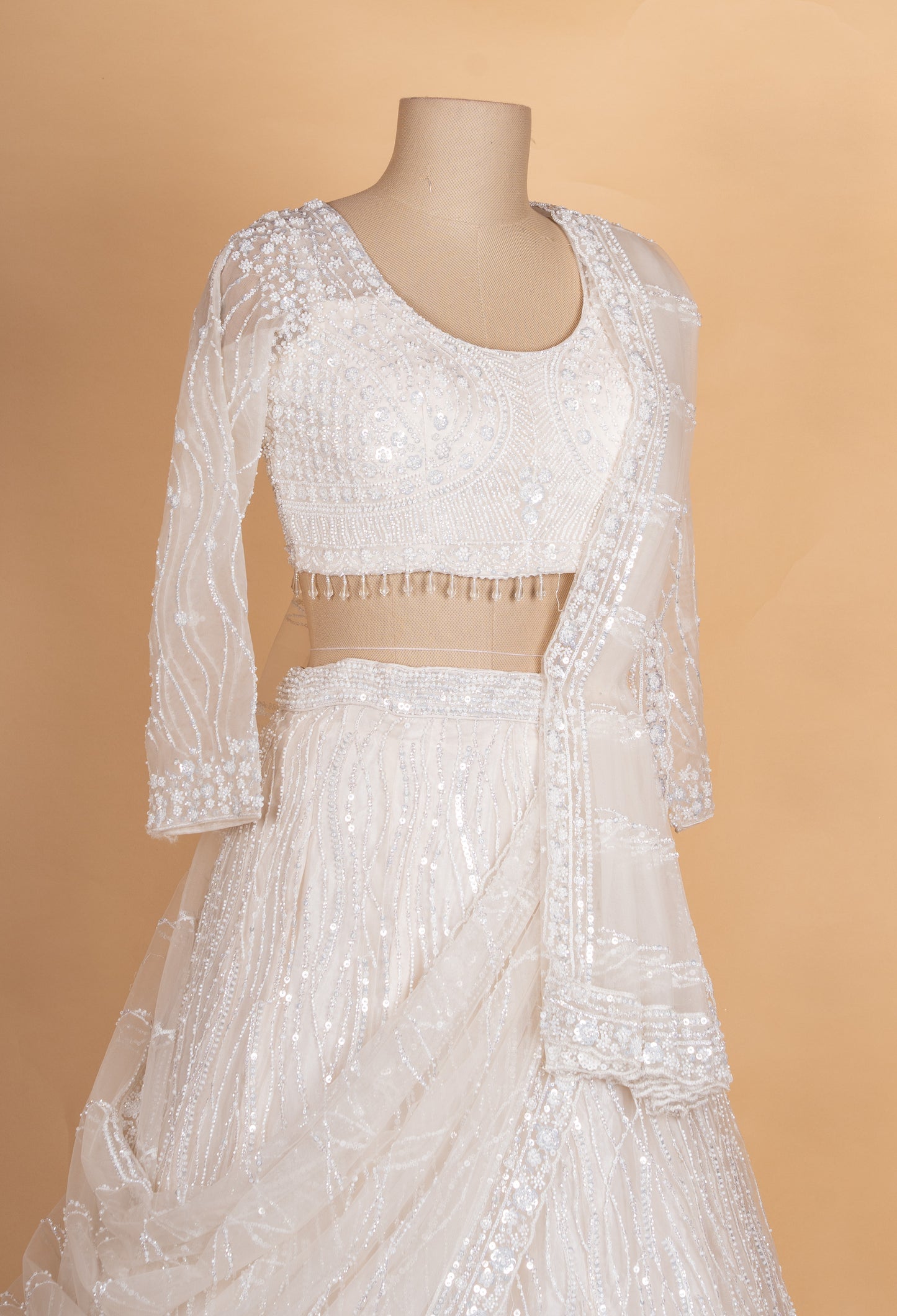 Ivory White Sequin Embroidered Lehenga Choli Set with Net Dupatta for Women