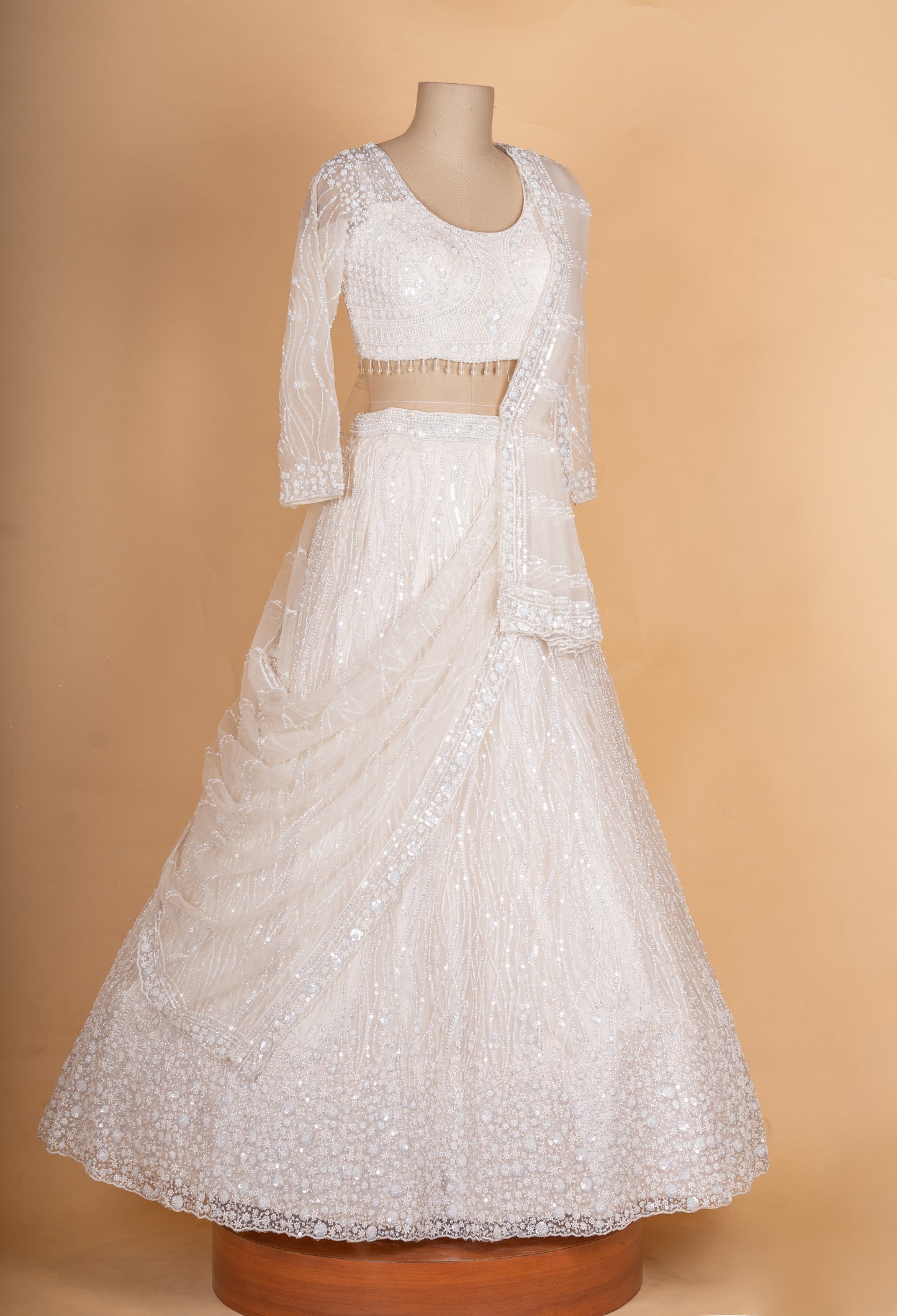 Ivory White Sequin Embroidered Lehenga Choli Set with Net Dupatta for Women