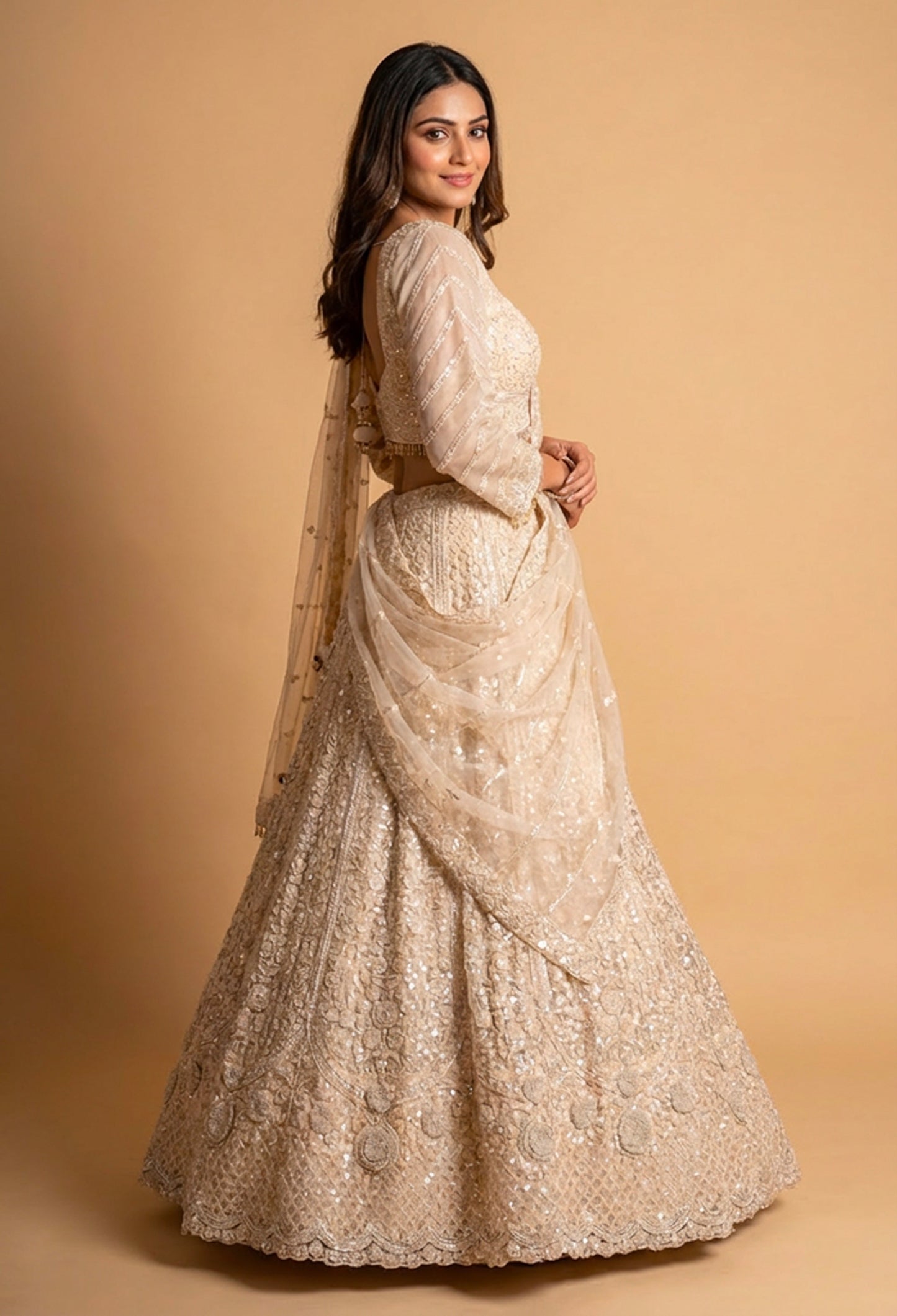 Champagne | Embellished Bridal Lehenga Set with Dupatta | 1