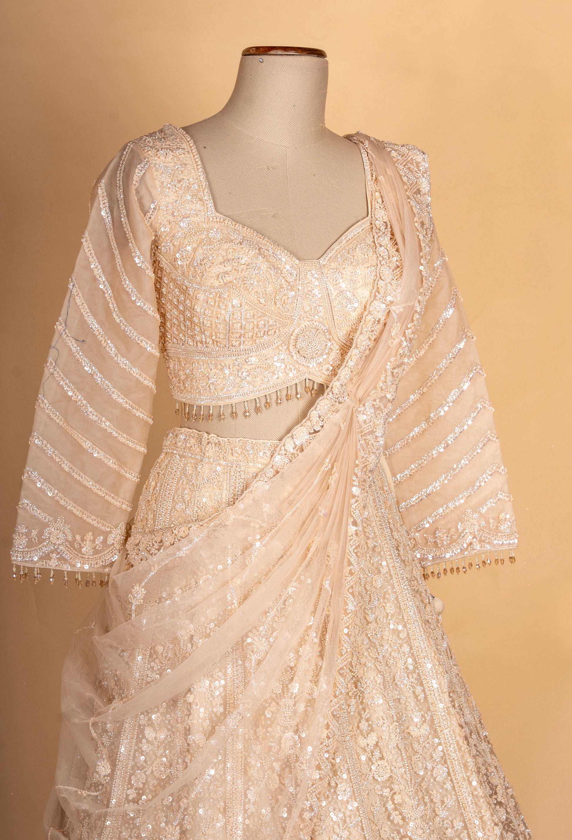 Champagne | Embellished Bridal Lehenga Set with Dupatta | 4