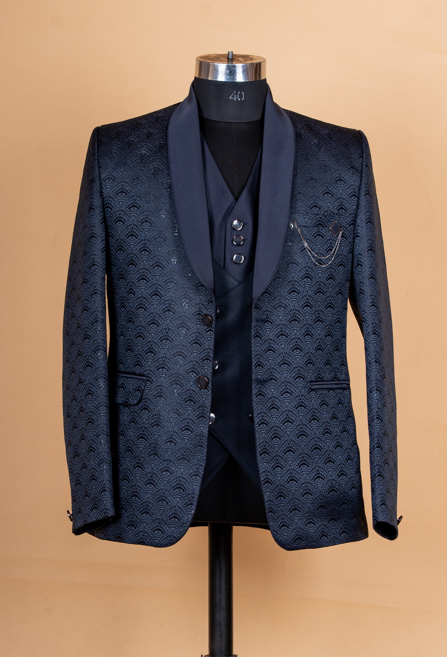 Premium Navy Blue Textured Tuxedo Suit for Men | Designer 3-Piece Wedding & Party Wear Suit