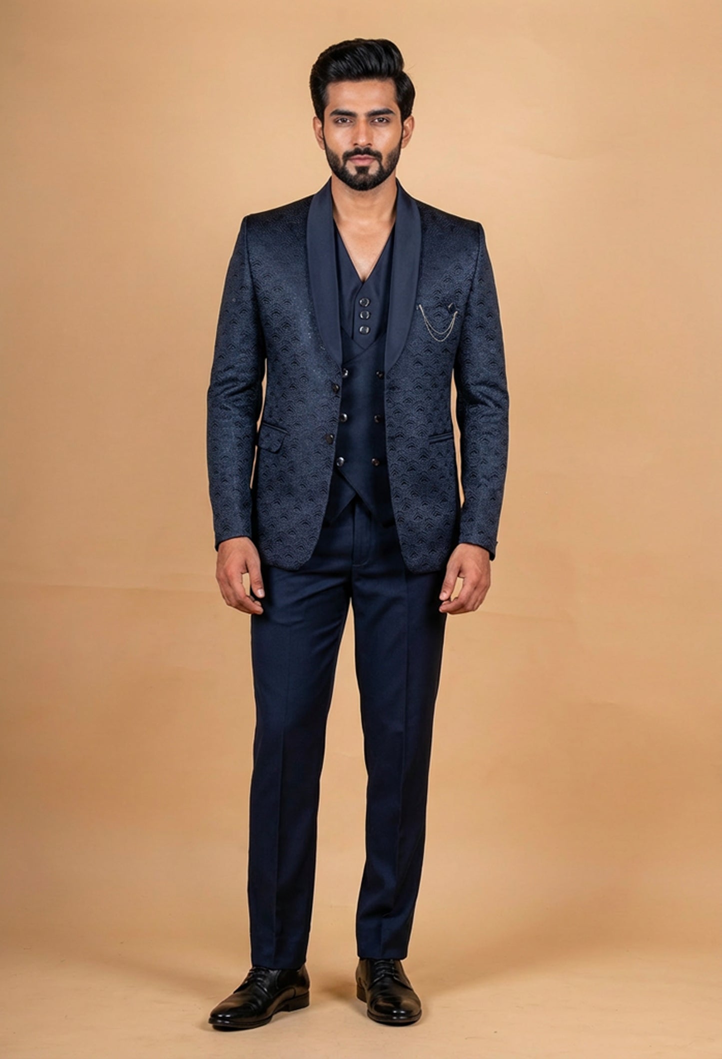 Premium Navy Blue Textured Tuxedo Suit for Men | Designer 3-Piece Wedding & Party Wear Suit