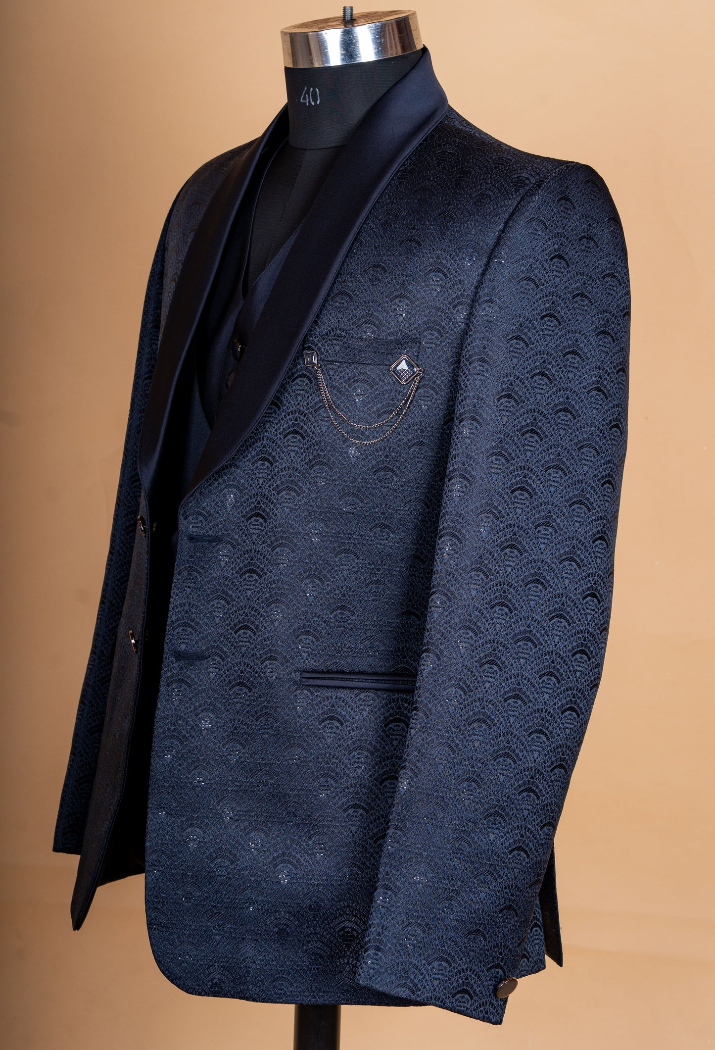 Premium Navy Blue Textured Tuxedo Suit for Men | Designer 3-Piece Wedding & Party Wear Suit