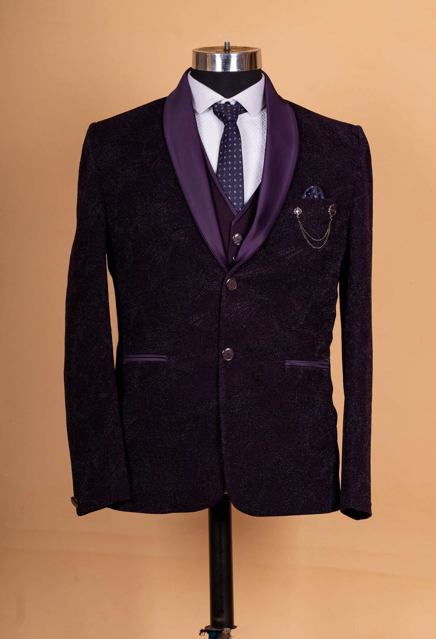Luxury Wine Purple Textured Tuxedo Suit for Men | Designer 3-Piece Wedding & Party Wear Suit