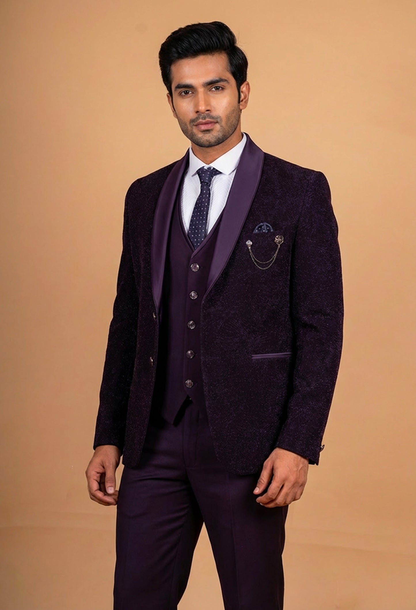 Luxury Wine Purple Textured Tuxedo Suit for Men | Designer 3-Piece Wedding & Party Wear Suit