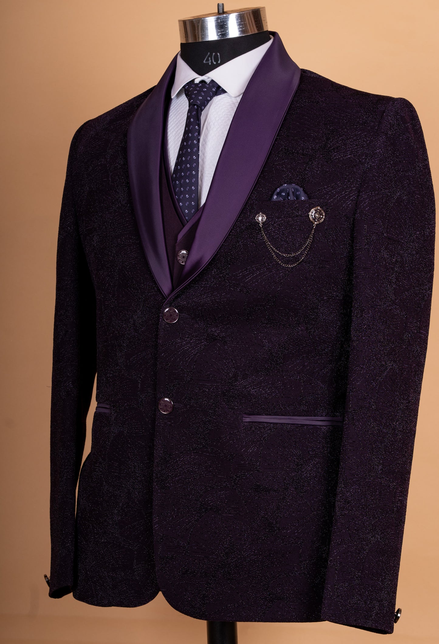 Luxury Wine Purple Textured Tuxedo Suit for Men | Designer 3-Piece Wedding & Party Wear Suit