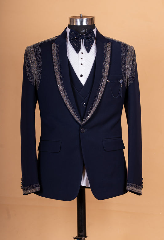 Navy blue embellished three-piece tuxedo suit for men – product image 2