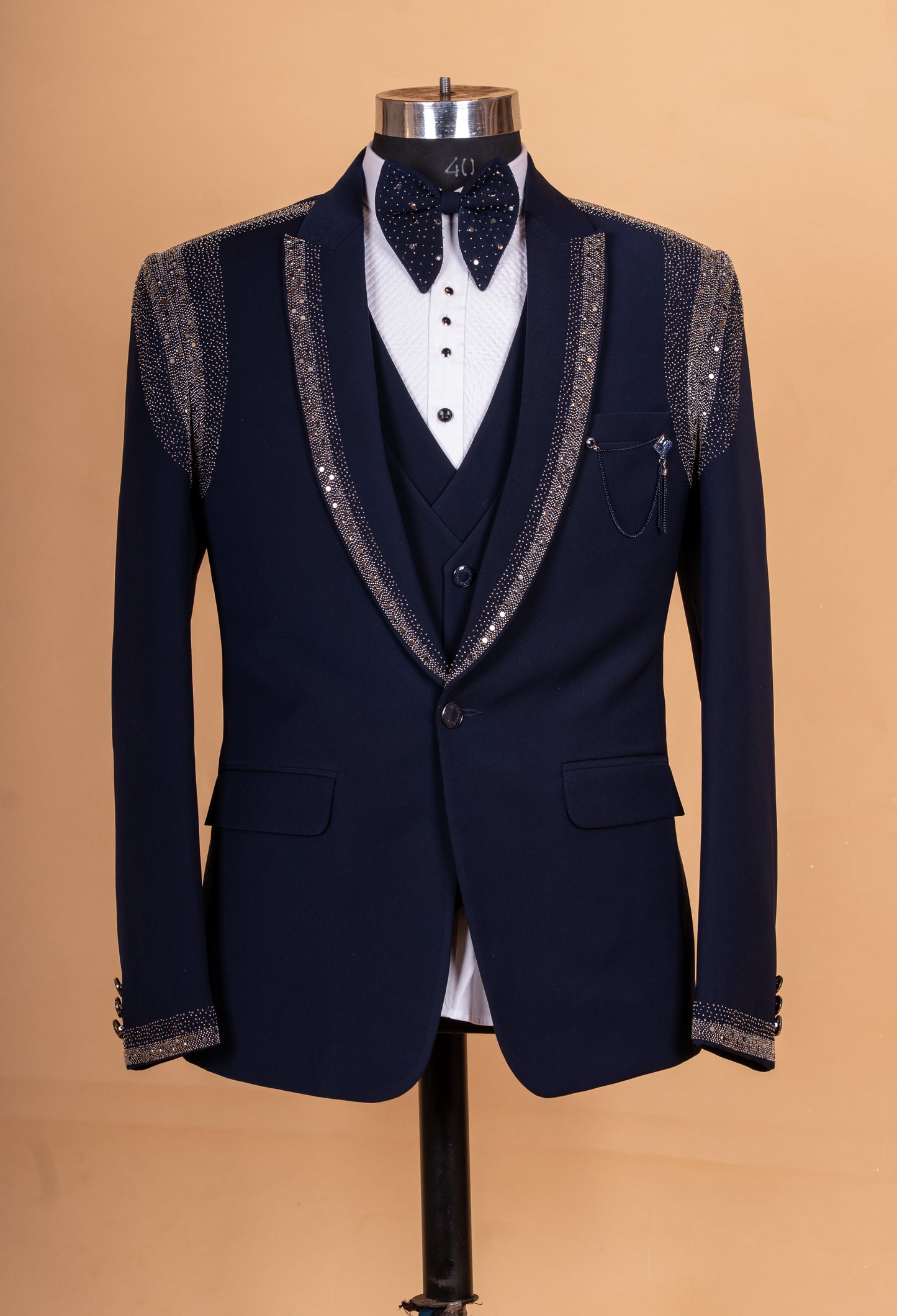 Premium Navy Blue Embellished Tuxedo Suit for Men | Designer Wedding & Party Wear Blazer Set