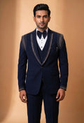 Premium Navy Blue Embellished Tuxedo Suit for Men | Designer Wedding & Party Wear Blazer Set