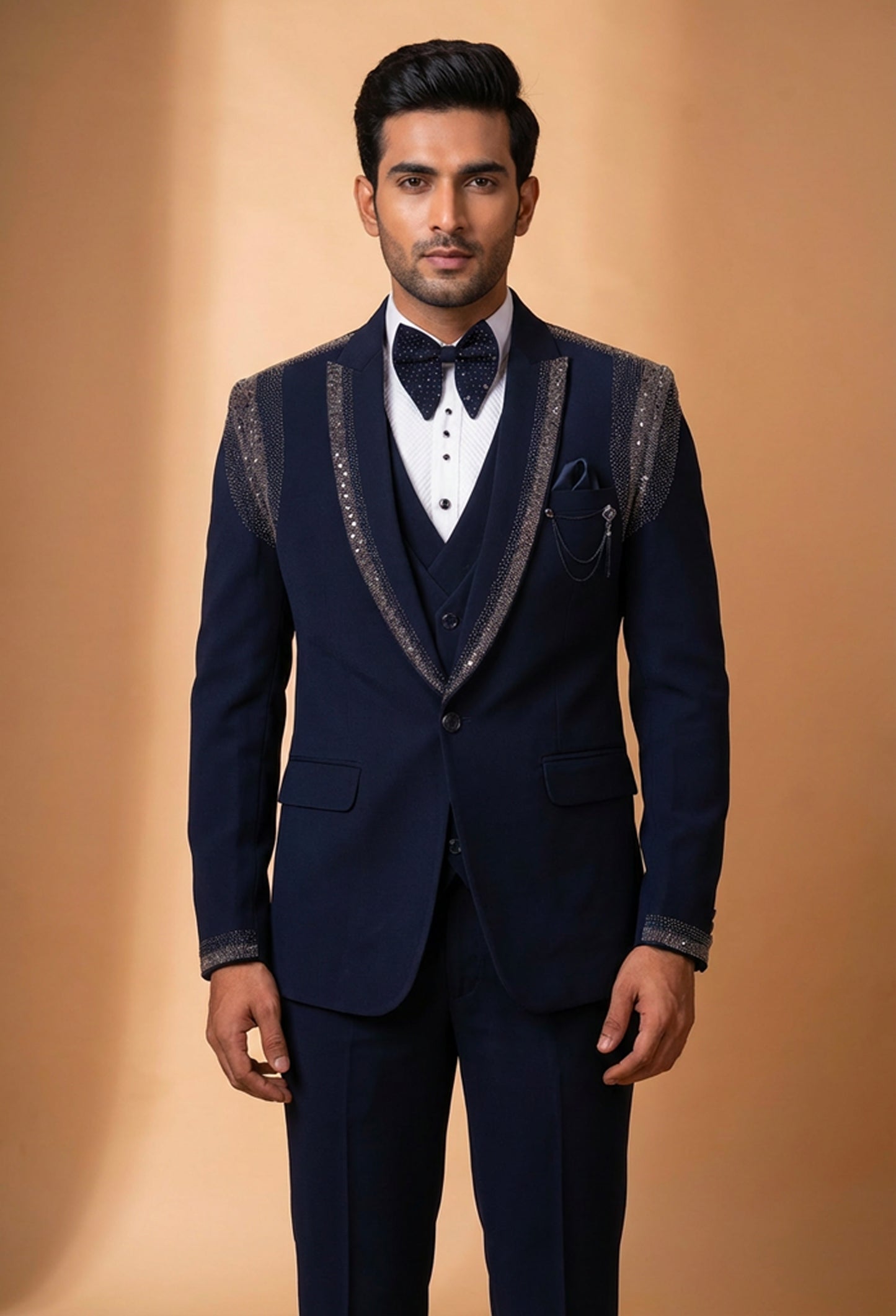 Premium Navy Blue Embellished Tuxedo Suit for Men | Designer Wedding & Party Wear Blazer Set