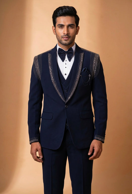 Premium Navy Blue Embellished Tuxedo Suit for Men | Designer Wedding & Party Wear Blazer Set