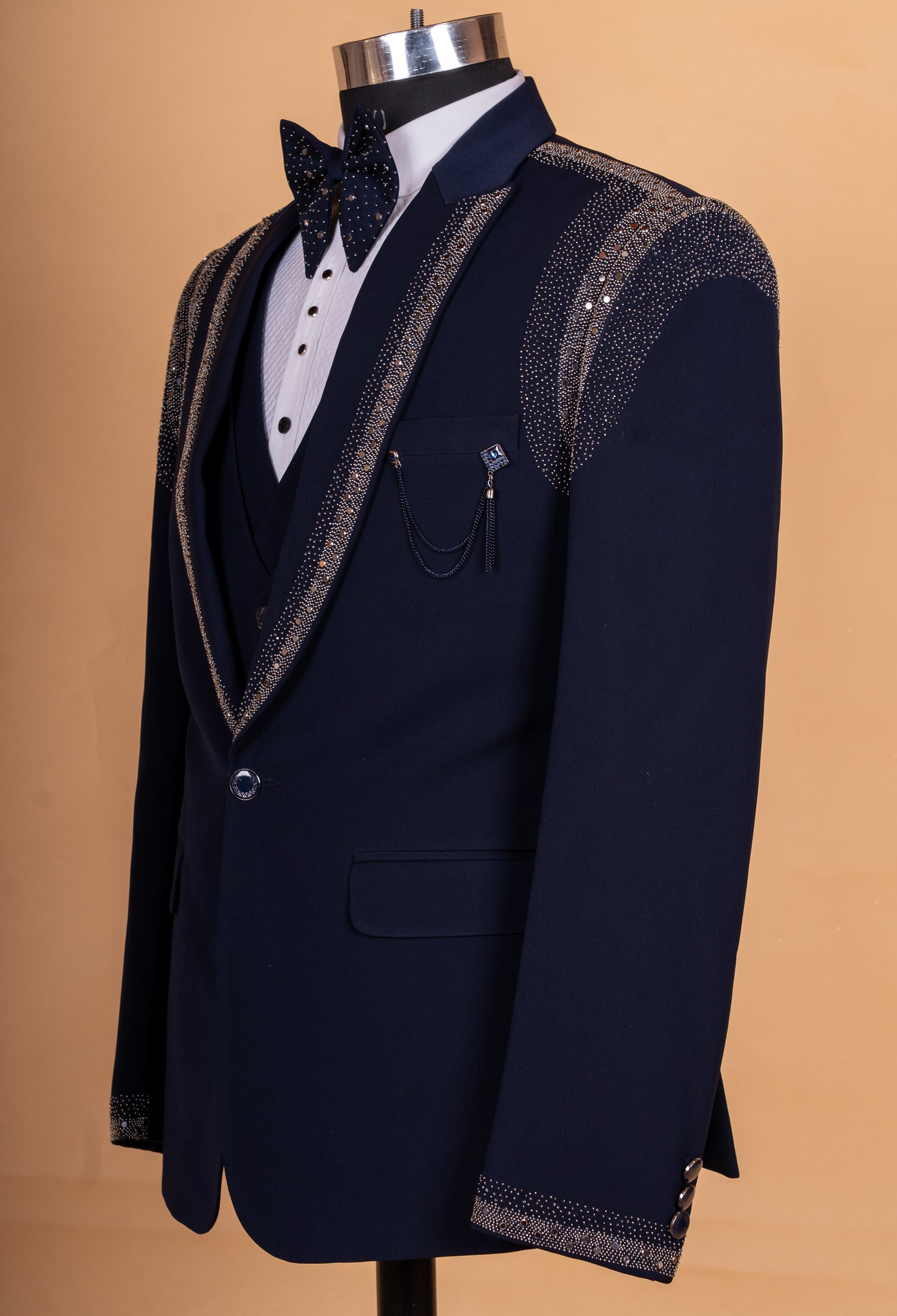 Premium Navy Blue Embellished Tuxedo Suit for Men | Designer Wedding & Party Wear Blazer Set
