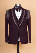 Luxury Wine Maroon Embellished Tuxedo Suit for Men | Designer 3-Piece Wedding & Party Wear Suit