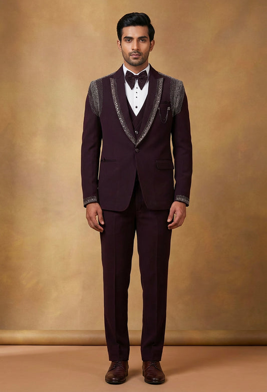 Luxury Wine Maroon Embellished Tuxedo Suit for Men | Designer 3-Piece Wedding & Party Wear Suit