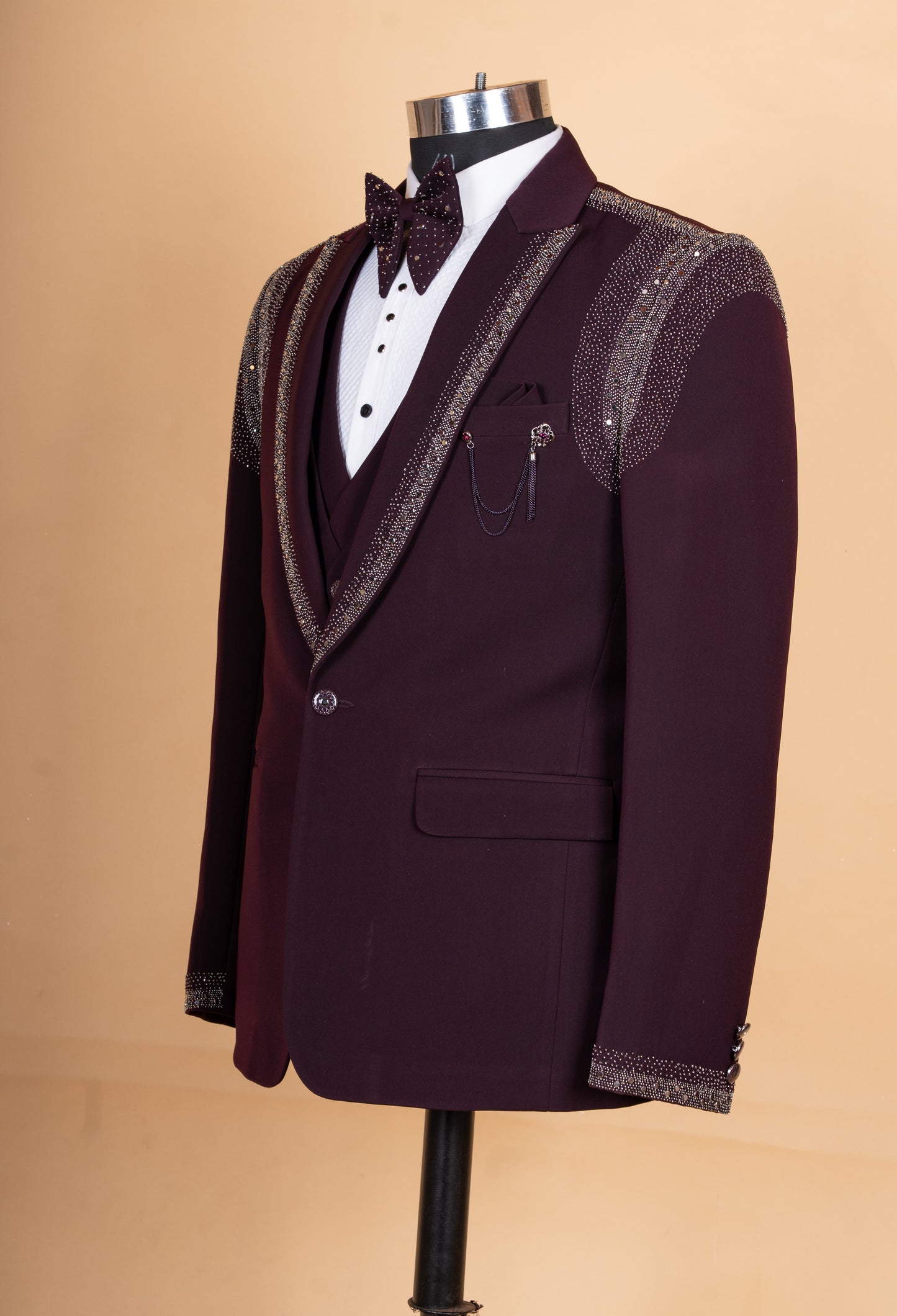 Luxury Wine Maroon Embellished Tuxedo Suit for Men | Designer 3-Piece Wedding & Party Wear Suit