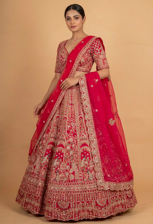 Bridal Red Heavy Embroidered Lehenga Choli with Net Dupatta | Designer Wedding Wear Lehenga