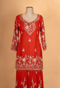 Elegant Red Embroidered Kurta Sharara Set with Dupatta | Designer Festive & Wedding Wear