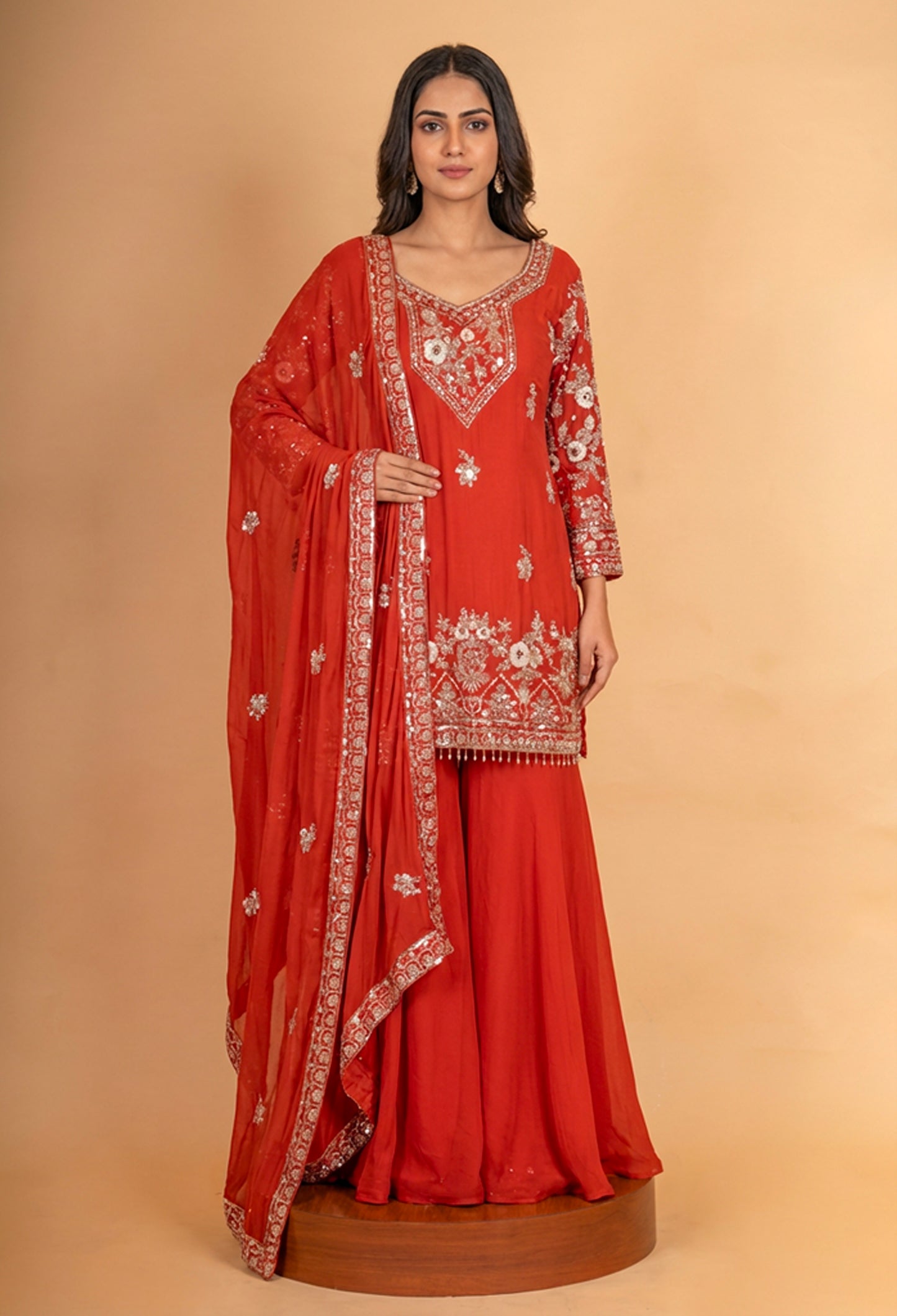 Elegant Red Embroidered Kurta Sharara Set with Dupatta | Designer Festive & Wedding Wear